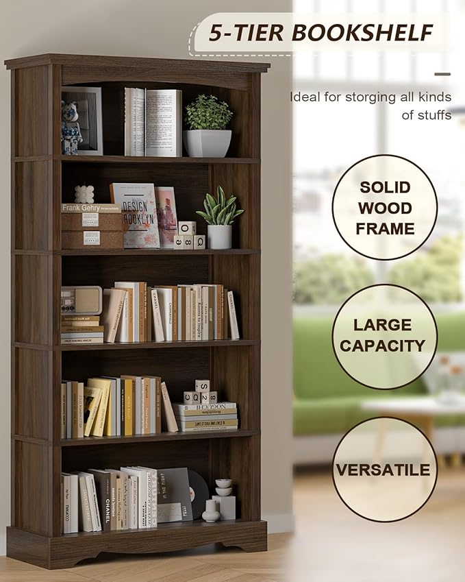 TVU 5-Tier Wooden Bookshelf, 65 Inch Tall Bookshelf - Image 6