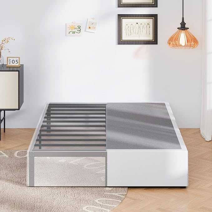 16 Inch Queen Bed Frame with White Skirt Cover, Metal Bed Frame Queen Size with by Upcanso
