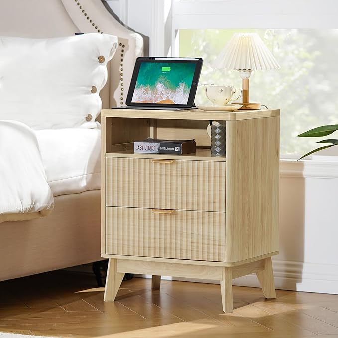 Fluted Nightstand with Charging Station, 19.7 inch Wide End Table with 2 Drawers by LYNCOHOME