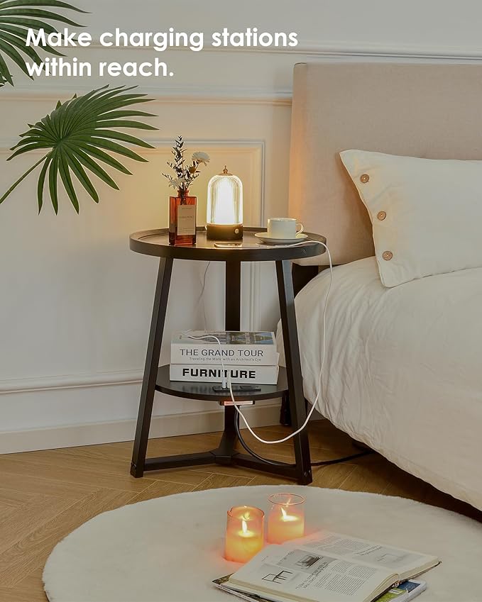 Round End Table with Charging Station, 19.7" Dia x 23.63" H, Side Table with - Image 5
