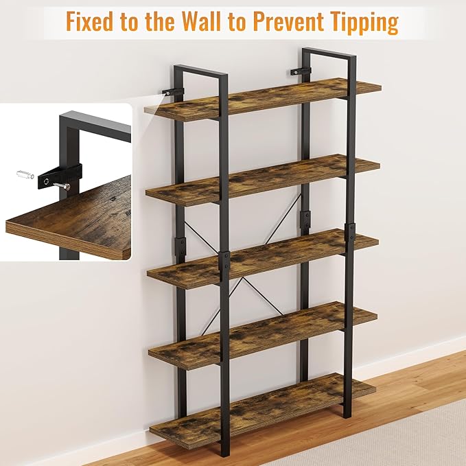 FRAPOW 5 Tier Bookshelf, 70 inch Tall Solid Bookcase Industrial Wooden - Image 3