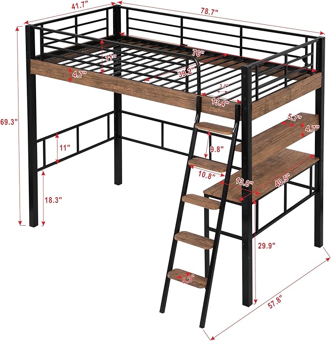 Metal Twin Size Loft Bed with Built-in Desk, Storage Shelf and Ladder, - Image 2