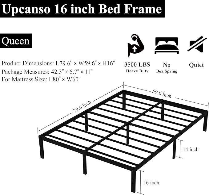 16 Inch Queen Bed Frame No Box Spring Required, Metal Platform Queen Size Bed - Image 3