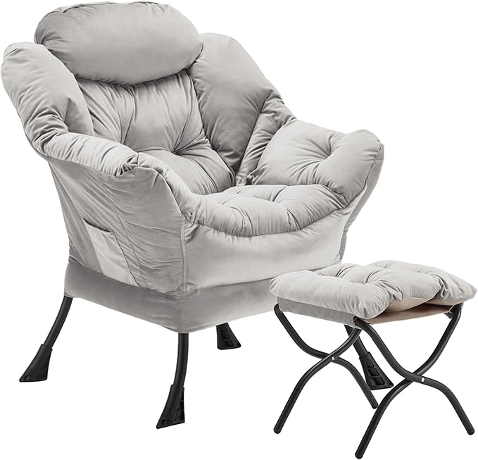 Lazy Chair with Folding Ottoman, Accent Chair Velvet Upholstered with Metal by Youtanic