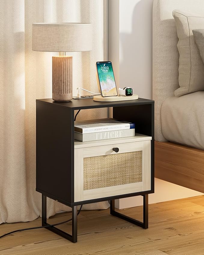 Rattan Nightstand with Charging Station, Boho Night Stand Farmhouse Wood - Image 5