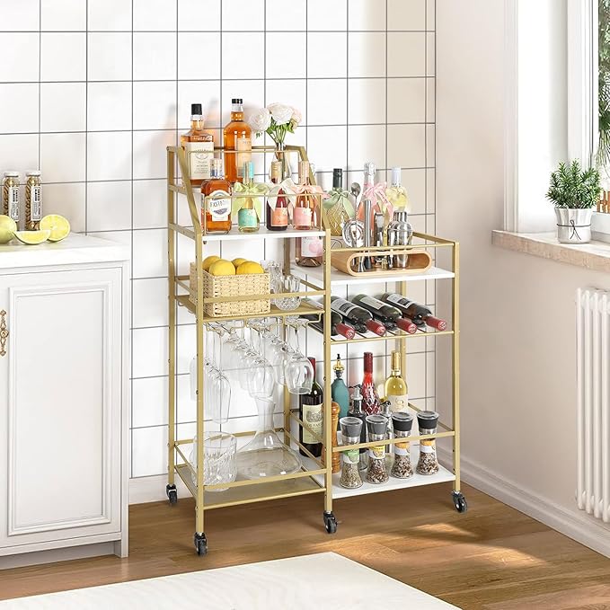 VINAEMO Gold Bar Cart With Wine Glass Holder, Stand - Image 9
