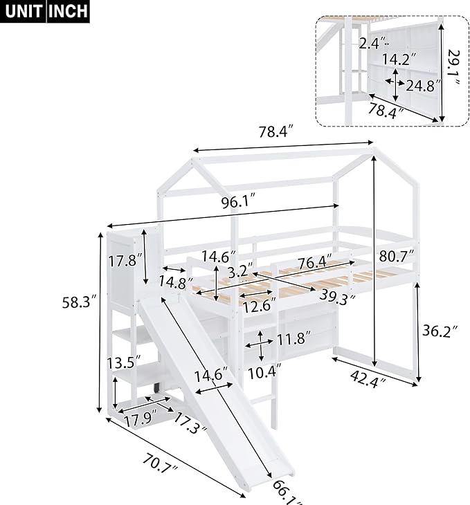 Twin Size House Loft Bed with Slide, Storage Shelves and Light, Wood Kids Bed - Image 2