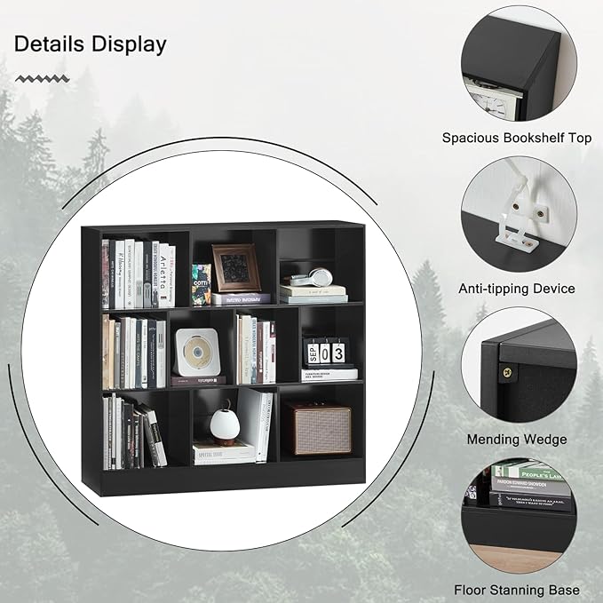 YAHARBO Black Wide Bookshelf, 3 Tier Modern Horizontal Bookcase, Wood Low - Image 5