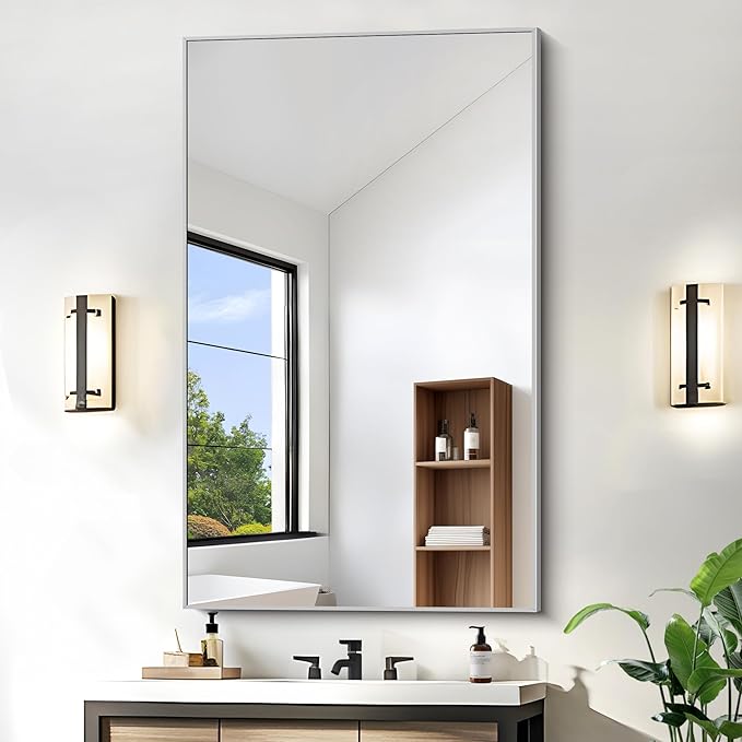 KOCUUY 30x48 Inch Large Silver Wall Mounted Mirror, Brushed Nickel Framed by KOCUUY