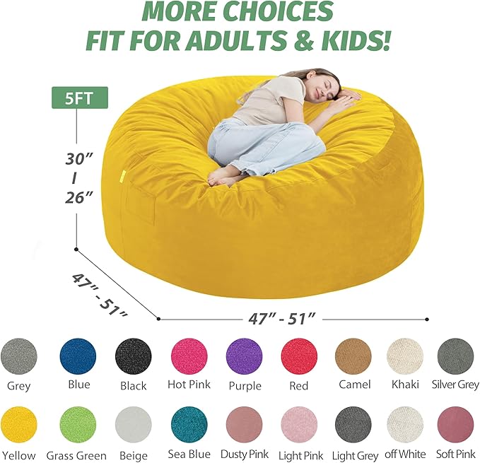 5FT Bean Bag Chair with Ultra Soft Velvet Cover Bean Bag Sofa with Memory Foam - Image 2