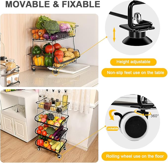 Fruit Vegetable Storage Basket, 4 Tier Stackable Metal Wire Storage Baskets - Image 3