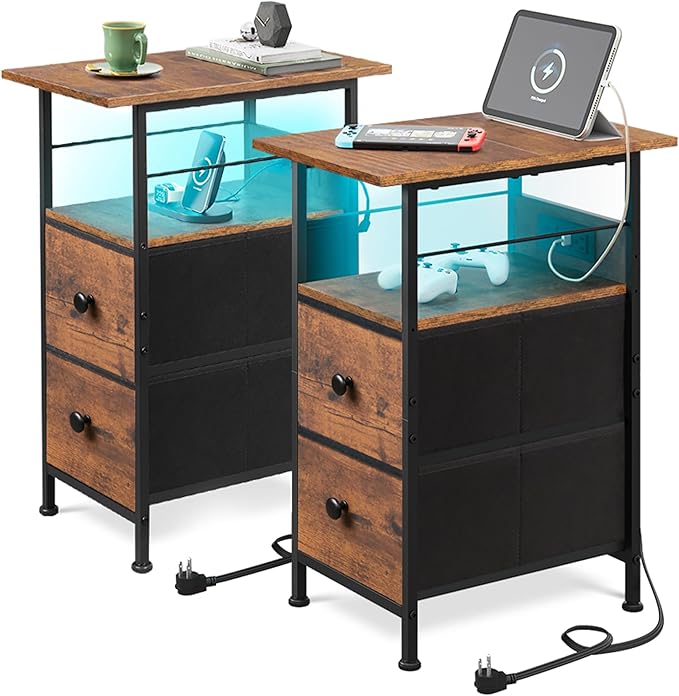 WLIVE Nightstand Set of 2 with Charging Station, End Table Sets with LED Lights by WLIVE