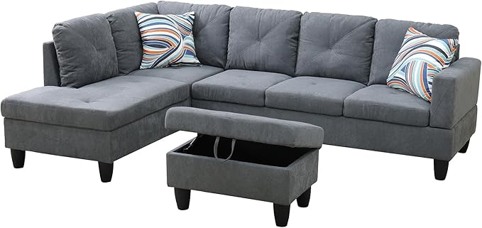 L Shaped Couch Modern Sectional Couch Upholstered Flannelette Fabric 3 Pieces - Image 3