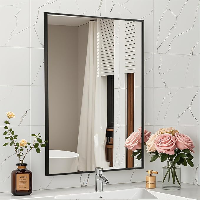 Matte Black Mirror, 30x36 Inch Aluminum Framed Rectangle Mirror, Tempered Glass by CLBA