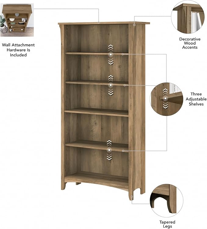 Bush Furniture Salinas 5 Shelf Bookcase in Reclaimed Pine, Tall Bookshelf - Image 7