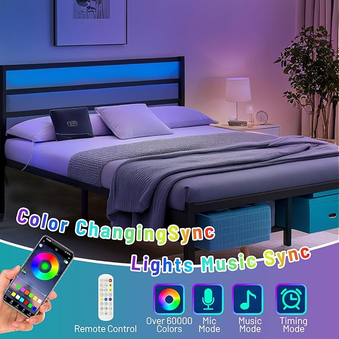 Queen Bed Frame with Headboard, Heavy Duty Steel Slats Support-LED Bed Frame - Image 3