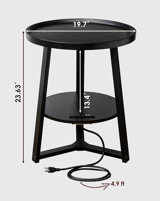 Round End Table with Charging Station, 19.7" Dia x 23.63" H, Side Table with - Image 3
