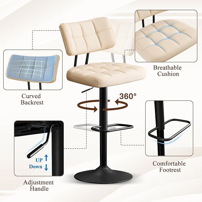 Furniliving Modern Bar Stools Set of 2 Faux Leather, Upholstered Swivel - Image 4