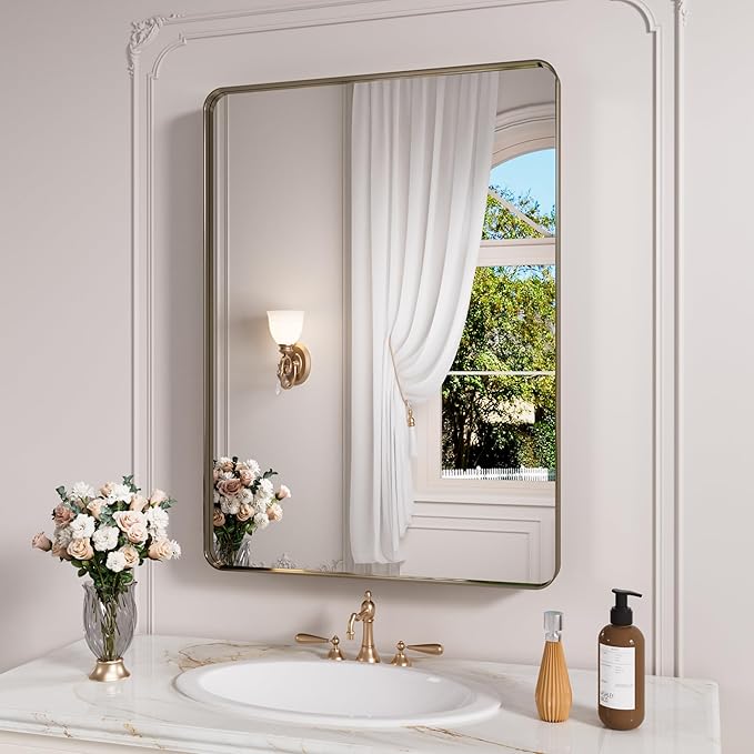 Bronze Bathroom Mirror 22x30 Inch, Brushed Bronze Metal Frame Mirror by JISOSO