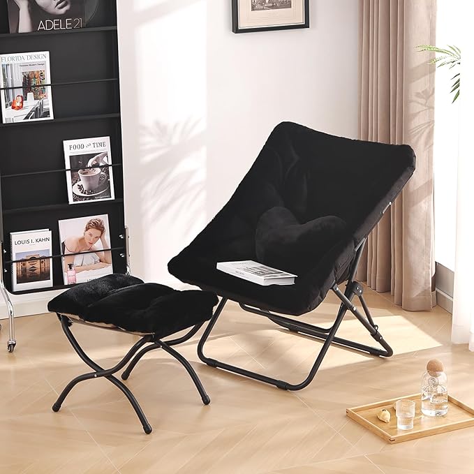 Comfy Saucer Chair with Ottoman, Oversized Folding Faux Fur Chair Soft Furry - Image 7