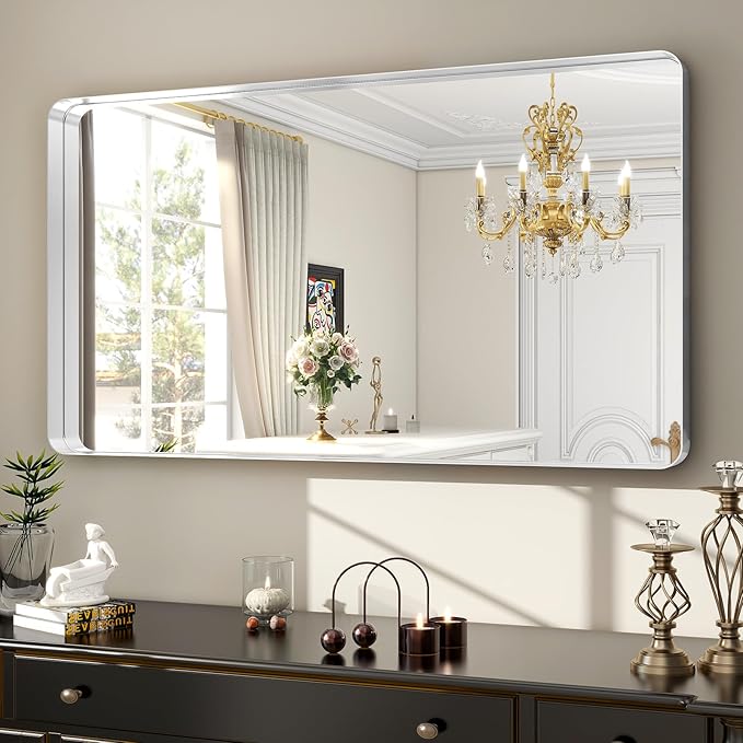 48 x 30 Inch Silver Bathroom Mirror, Rectangular Wall Mounted Shatterproof - Image 6