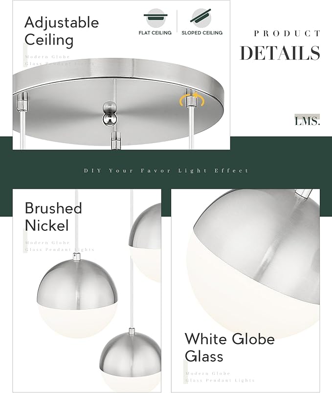 LMS Modern Brushed Nickel 3-Light Cluster Pendant Lights, Mid Century Pendant - Image 3