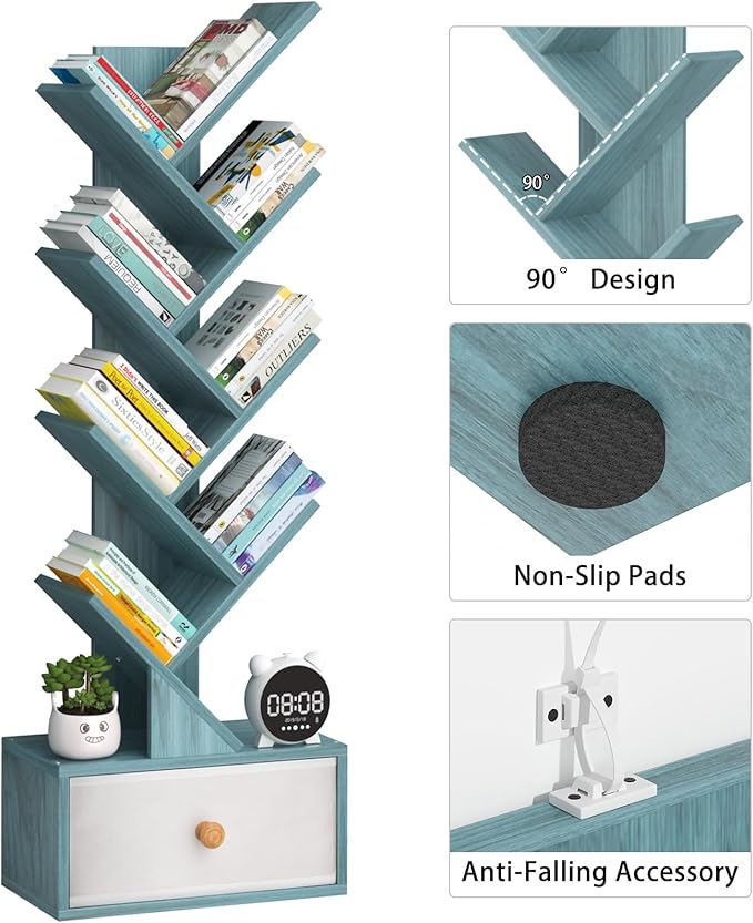 8 Tier Tree Bookshelf with Drawer, Free Standing Wood Bookcase - Image 4