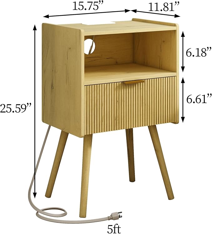 Nightstand with Outlet, Modern Bedside Table with Storage Drawer and Open Wood - Image 2