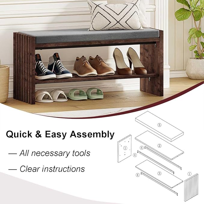 BON AUGURE Entryway Bench with Shoe Storage, 2-Tier Shoe Rack Bench with Cushion - Image 6