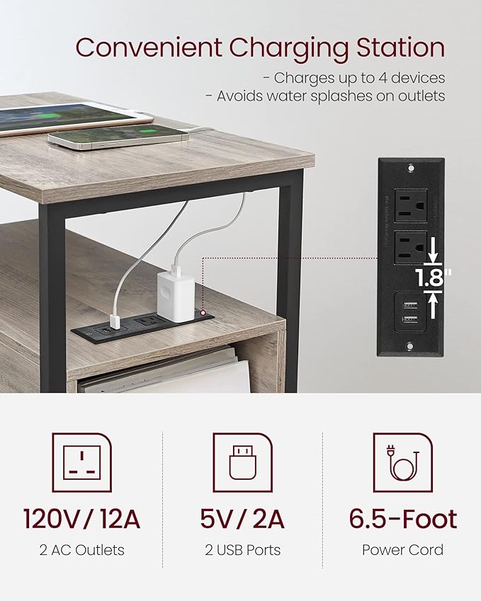 VASAGLE Side Table with Charging Station, Narrow End Table with 2 Drawers - Image 4