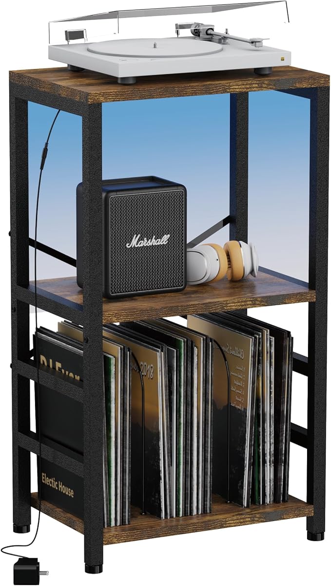 End Table with LED Light, Record Player Stand with Albums Storage, Vinyl by YAKANJ