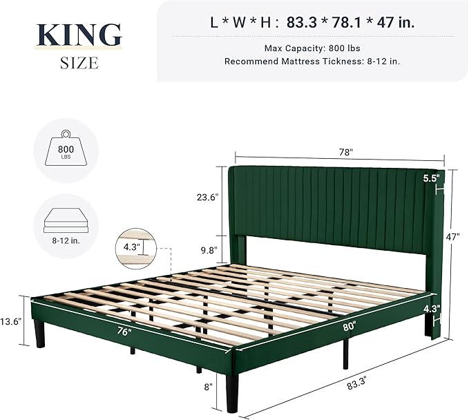 Allewie King Size Bed Frame/Velvet Upholstered Platform Bed/Vertical Channel - Image 2