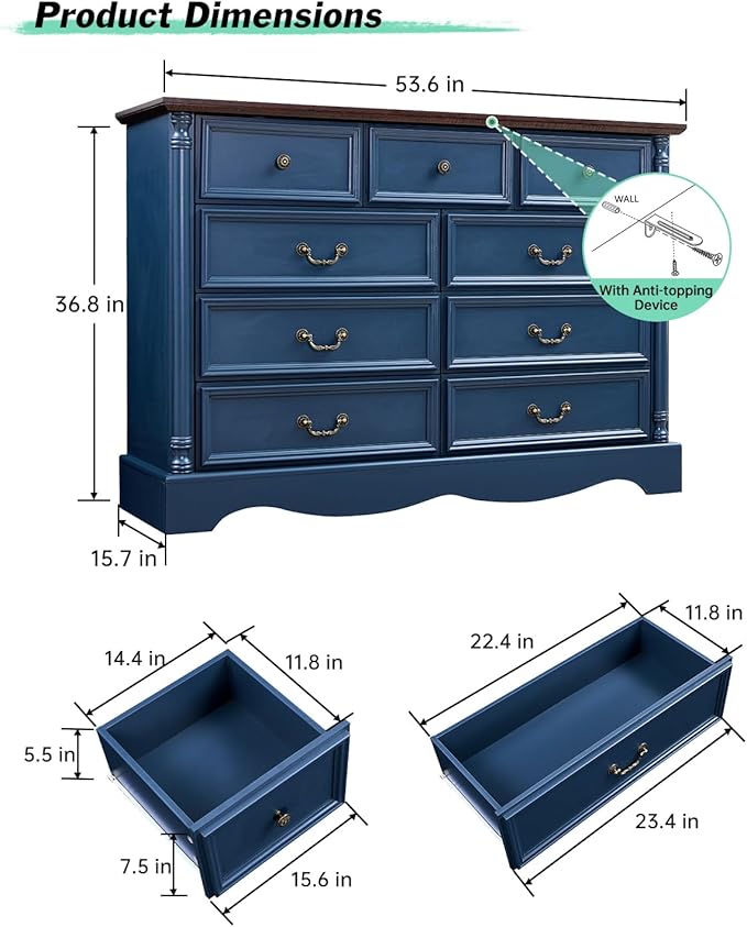 Farmhouse 9 Drawers Dresser for Bedroom - Image 2