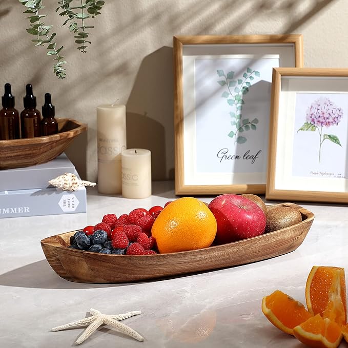 Lucky Boat Serving Tray, Acacia Solid Wood Boat Shape Plate - Image 3