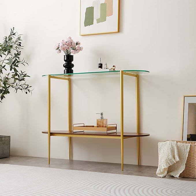 Oval Glass Console Table for Living Room, Foyer & Entrance, 2-Tiers Mid-Century - Image 4