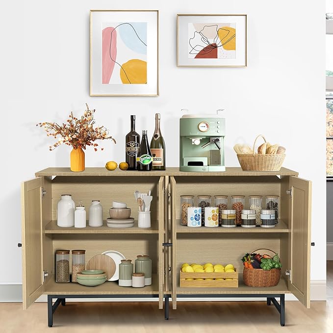 Sideboard Buffets Cabinet with 4 Rattan Doors, Large Storage Accent Cabinet - Image 4