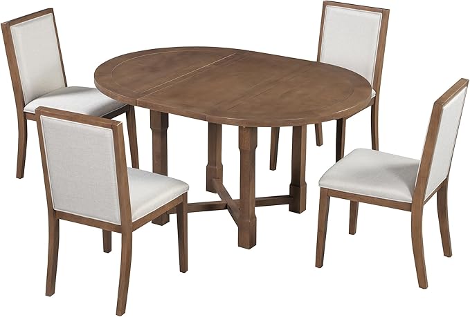 Merax 5-Piece Extendable Dining Table and 4 Upholstered Chairs, Round Oval by Merax