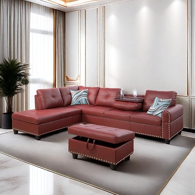 LeatherL Shaped Couch with Ottoman, Modern Nail-Head Design Comfy Sectional - Image 6