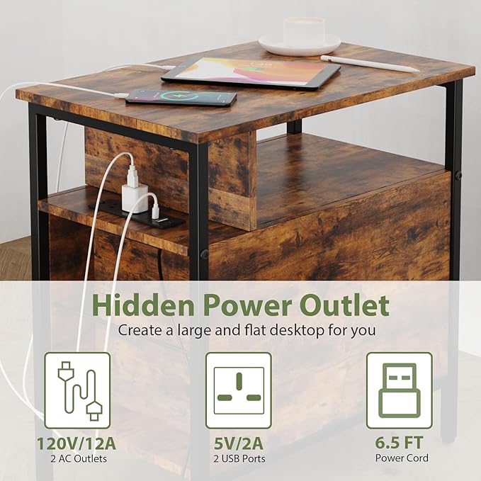 End Table with Charging Station, Narrow Side Table with 2 Fabric Drawer & - Image 6