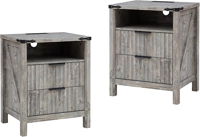 Grey Nightstand with Charging Station Set of 2-20 Inch Wide Farmhouse Fluted by BuildHom