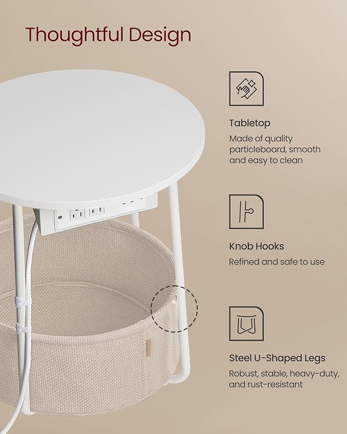 VASAGLE Side Table with Charging Station, Round End Table with Fabric Basket - Image 6