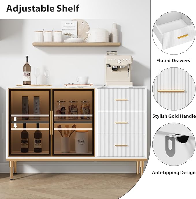 Buffet Sideboard Cabinet with Storage, 46.4" Large Fluted Kitchen Sideboard - Image 7