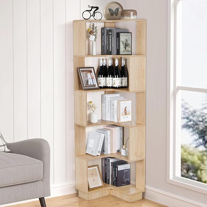 Wooden Corner Bookcase, 5 Tiers Corner Bookshelf 68.9" L-Shaped Storage Display - Image 4