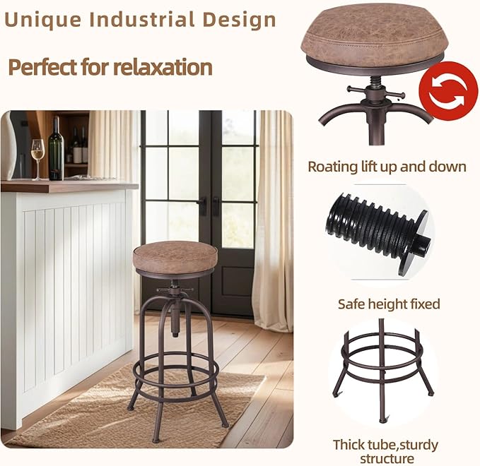 Diwhy Industrial Bar Stool-26-32 Inch Adjustable Swivel Metal PU Leather Seat - Image 8