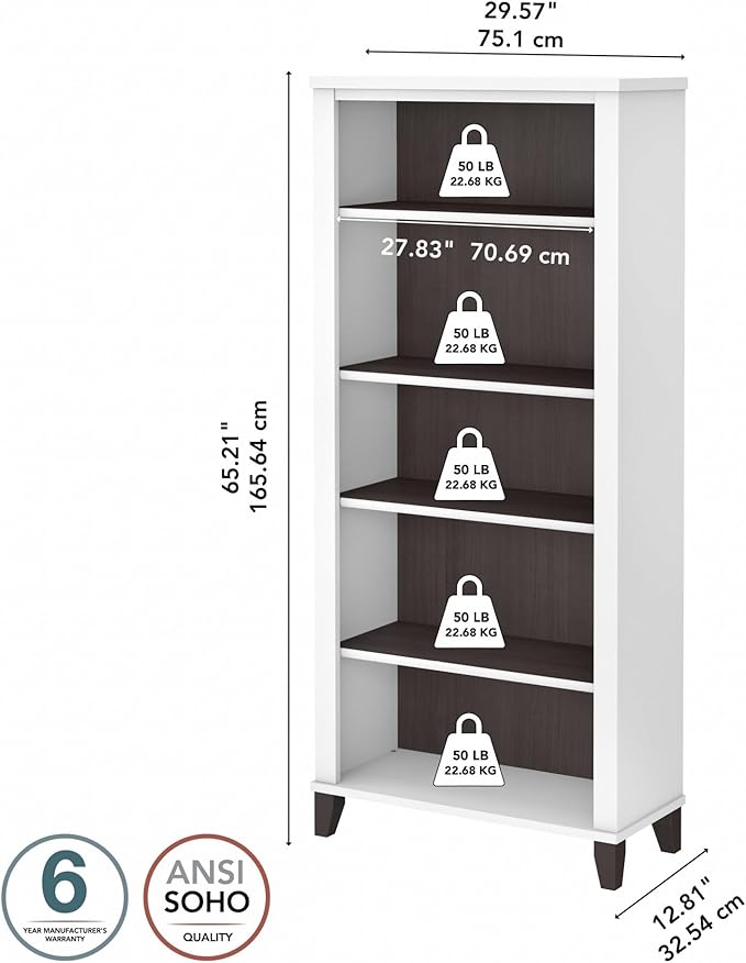 Bush Furniture Somerset 5 Shelf Bookcase in Storm Gray, Tall Bookshelf - Image 3