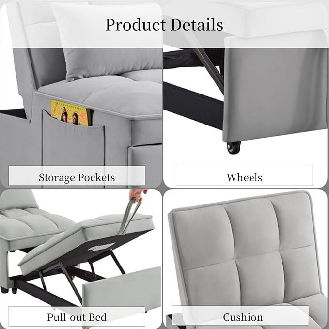 KEIKI Velvet Single Convertible Sleeper Chair Sofa Bed - Image 5