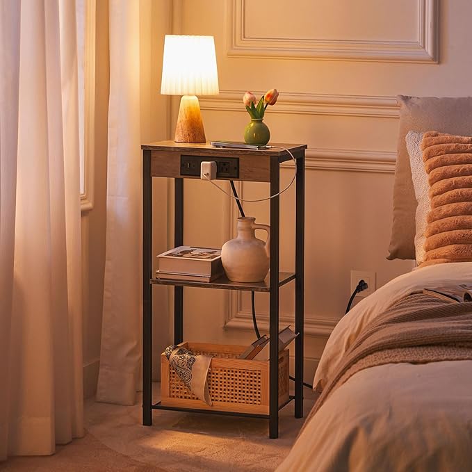 HOOBRO Tall End Table with Charging Station, 30 Inch Tall Nightstand, 3-Tier - Image 9