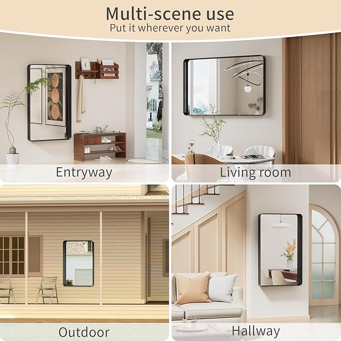 Koonmi Black Wall Mirror for Bathroom, 30x48 Inch Matte Deep Framed Rounded - Image 9