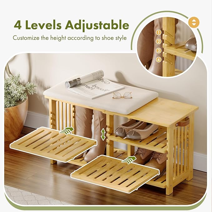 Amazer Bamboo Shoe Rack Bench, 3-Tier Shoe Bench Height Adjustable, Entry Bench - Image 4