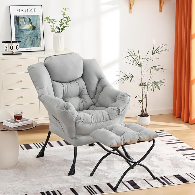 Cozy Lazy Chair and Ottoman, Large Contemporary Accent Lounge Chair Set - Image 5